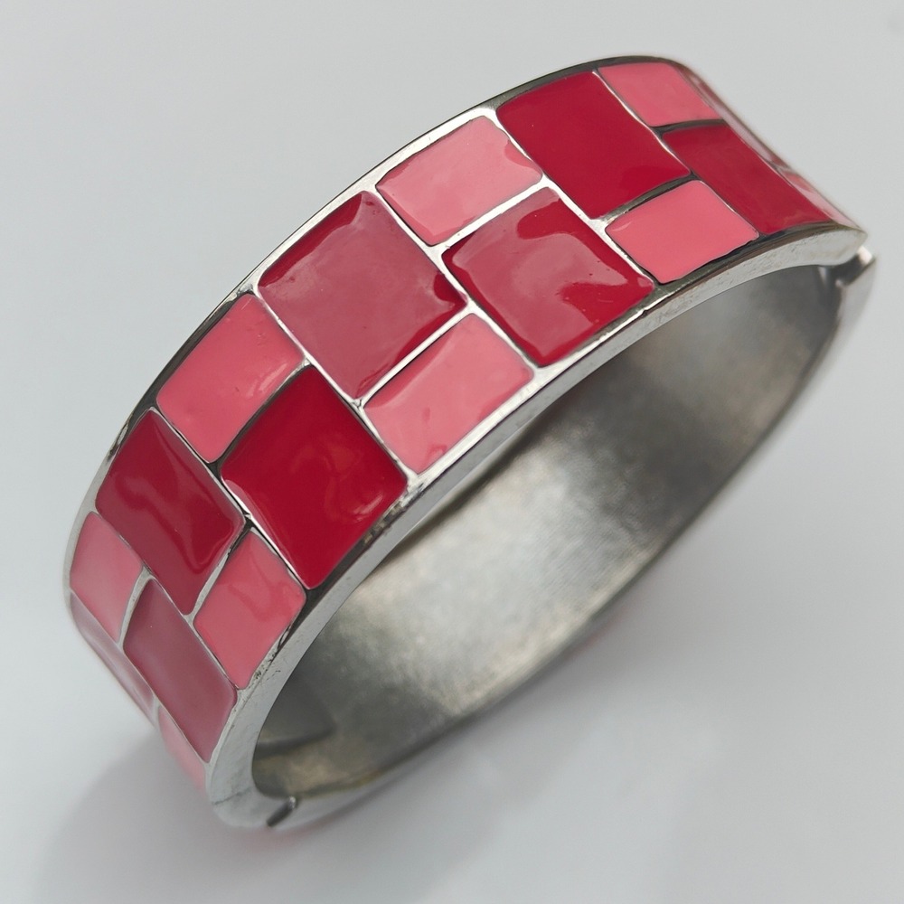 Pink Red Enamel Mosaic Hinged Cuff Bracelet Silver Tone Geometric Bangle Modern